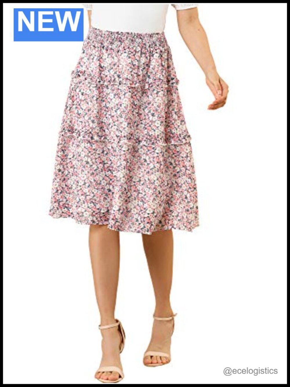 Floral Chiffon Smocked Elastic Waist A-Line Midi Skirt